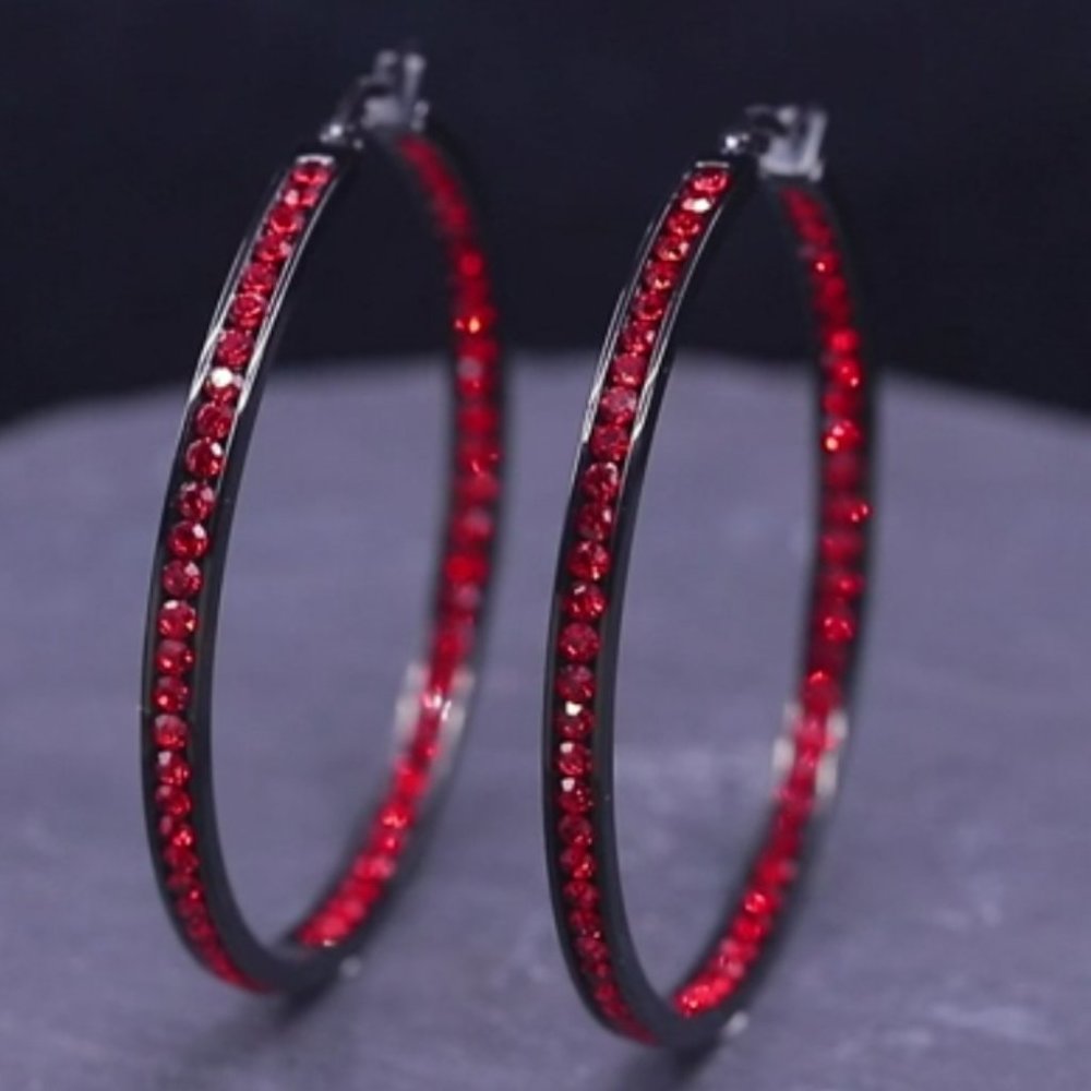 Black Metal Bright Red Crystal Channel Hoops Rhinestone Hoop Earrings Sparkling
